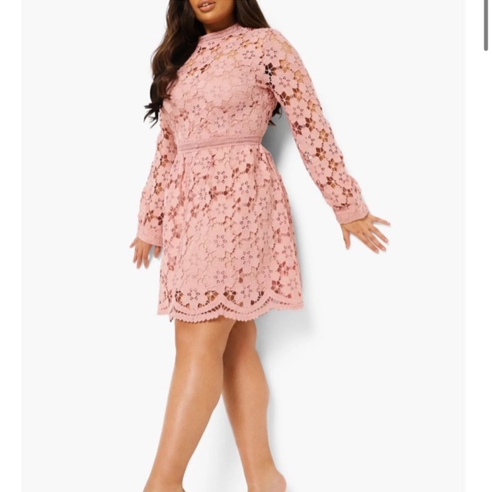 Boohoo Pink Lace Skater Long Sleeve Dress NWT Size:18